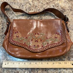 Capaccioli Italy ANTHROPOLOGY Embroidered Brown Leather Shoulder Bag